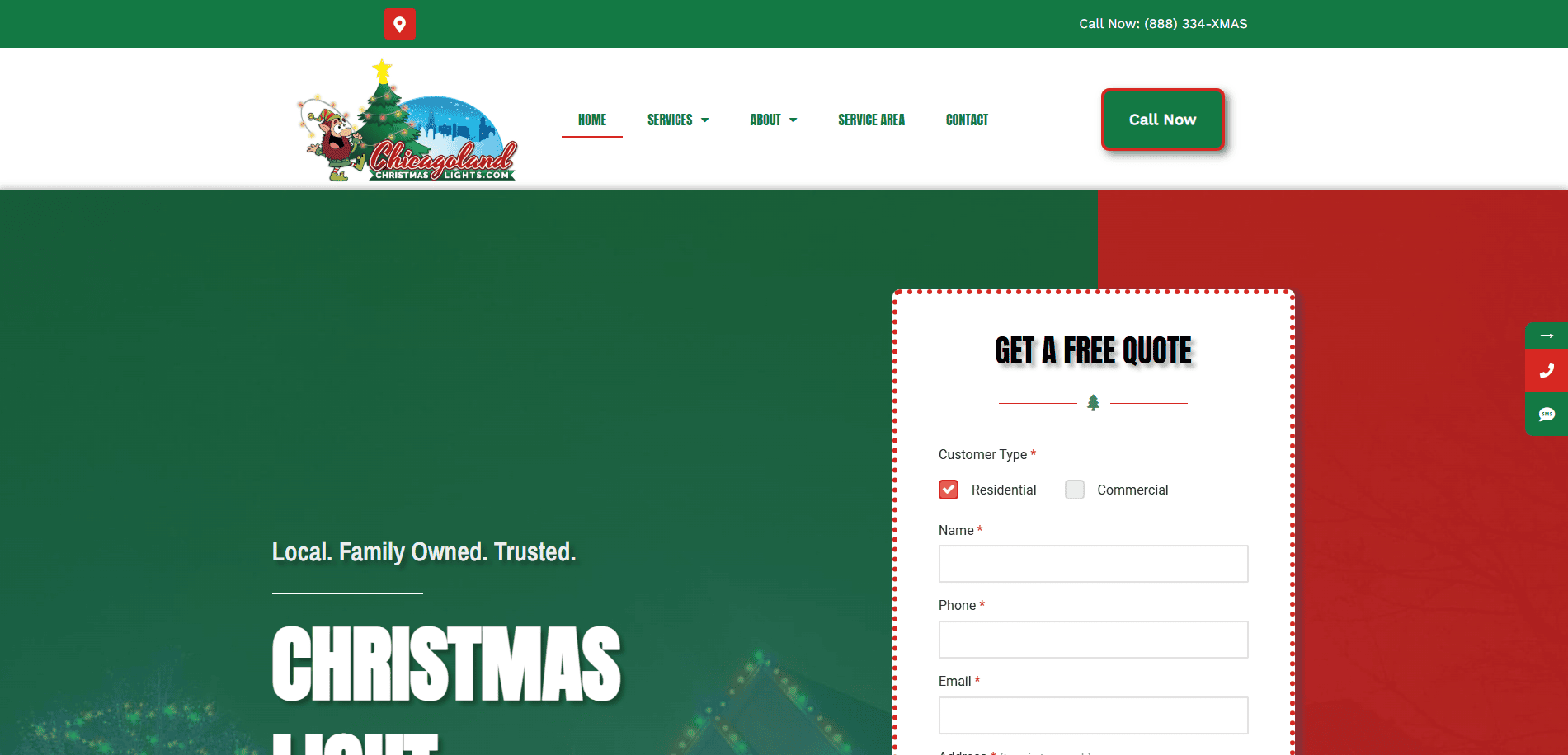 Screenshot of a Christmas light installation company’s website showing a festive theme, navigation menu, “Call Now” button, and a form to get a free quote with fields for customer type, name, phone, and email.