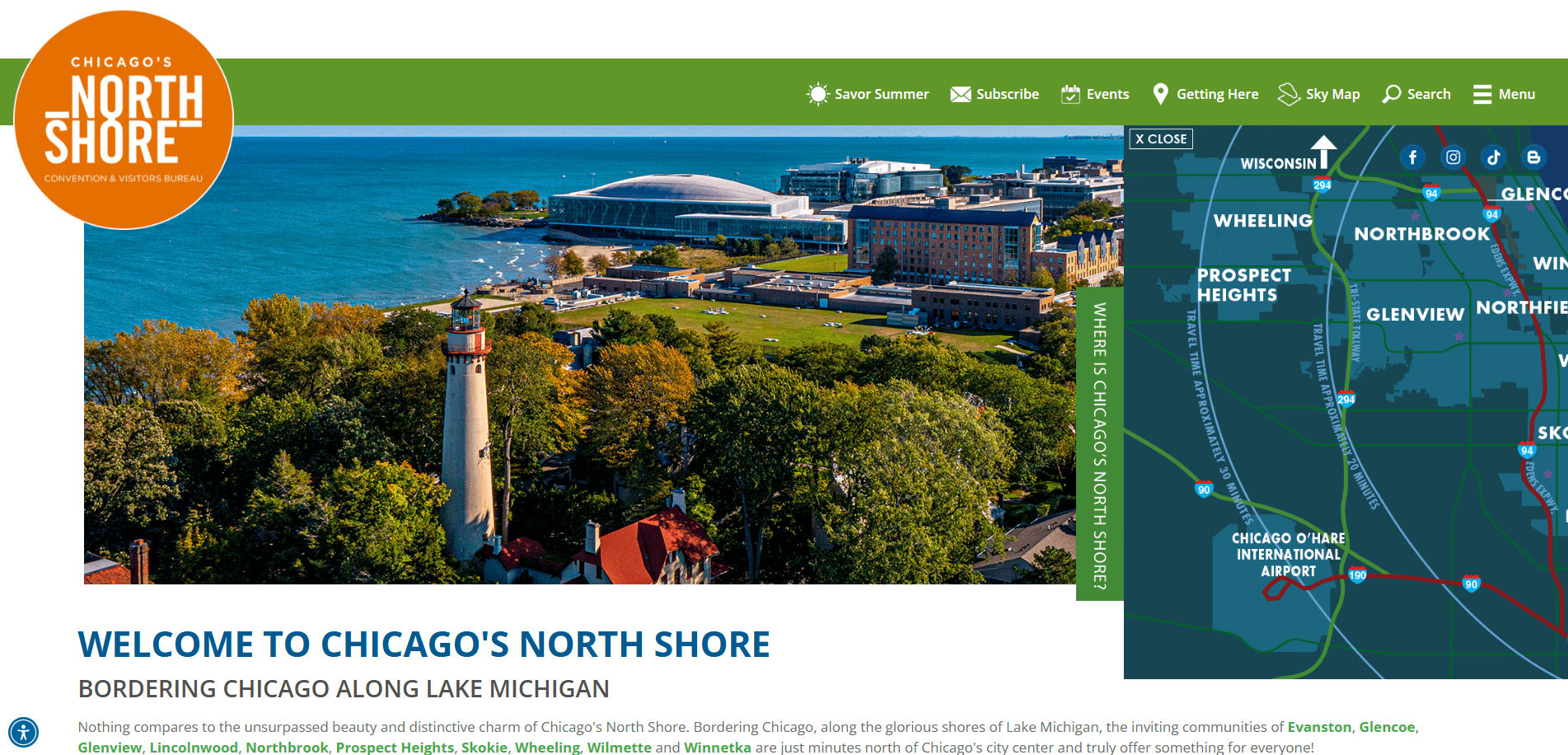 Aerial view of Chicago’s North Shore featuring a lighthouse, green park, and buildings along Lake Michigan. An inset map highlights the North Shore area and nearby cities. Text welcomes visitors to Chicago’s North Shore.