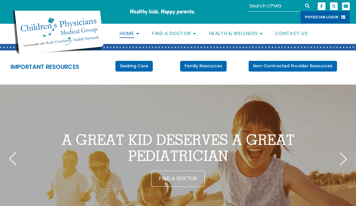 Screenshot of the Children’s Physicians Medical Group website, featuring navigation links, a “Find a Doctor” button, and smiling children playing outdoors under the headline “A Great Kid Deserves a Great Pediatrician.”.