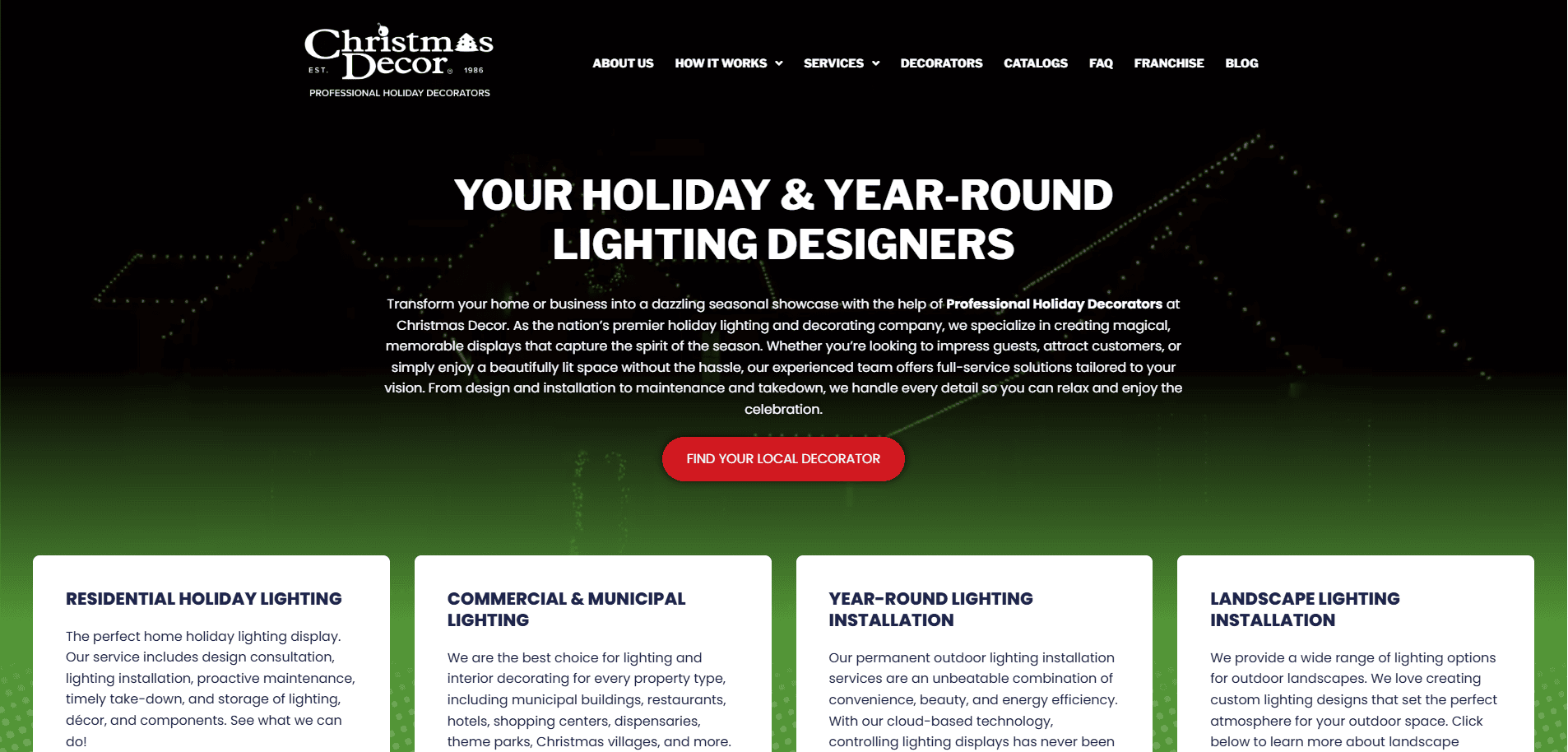 Screenshot of the Christmas Decor website homepage displaying a headline about holiday and year-round lighting designers, a red button to find a local decorator, and four service categories listed below on a green gradient background.