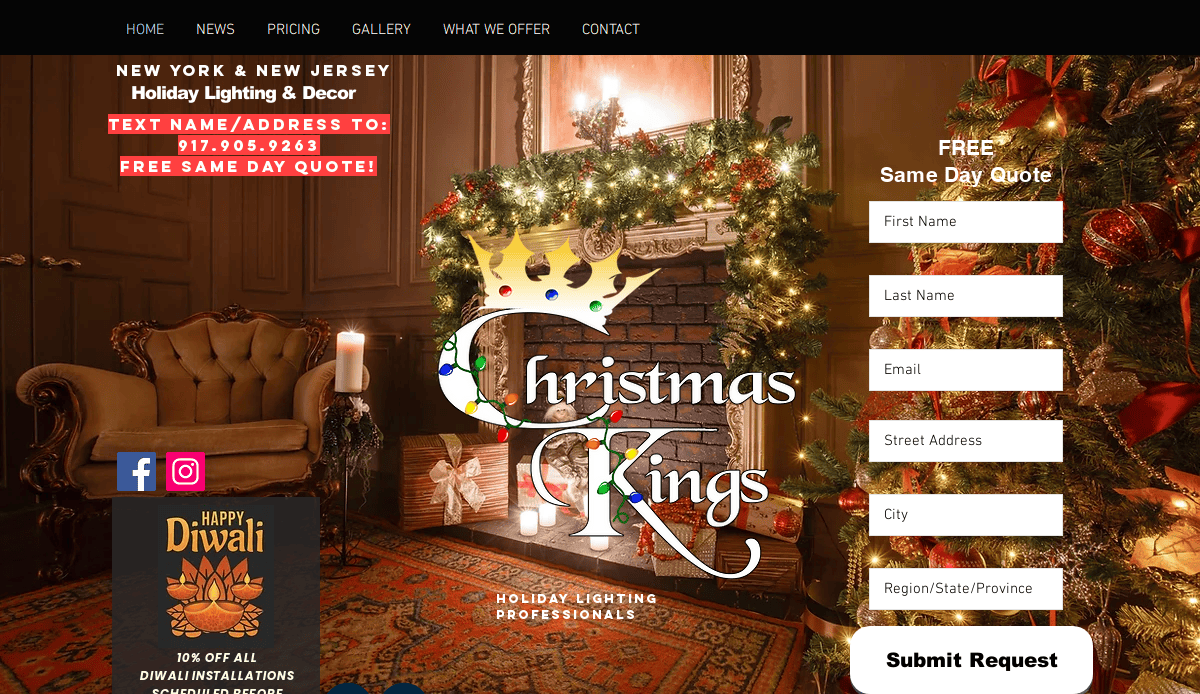 A festive living room with a decorated fireplace, Christmas lights, stockings, wrapped gifts, and garlands. Overlaid text reads Christmas Kings and a form on the right offers a free same-day quote for holiday lighting.