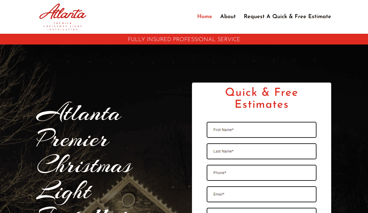 Screenshot of a website for Atlanta Premier Christmas Light Installations, showing a form titled Quick & Free Estimates with fields for name, phone, and email on the right, and company branding on the left.