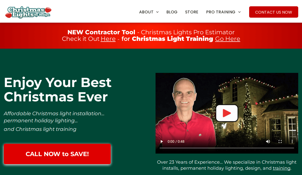 Homepage of a Christmas lights business website featuring a banner, a “CALL NOW TO SAVE!” button, and a video thumbnail showing a smiling man in a red shirt with a house decorated with Christmas lights in the background.