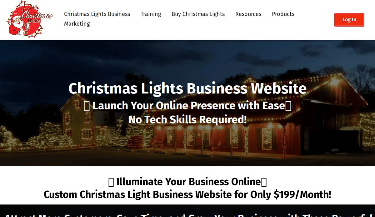 Screenshot of a website advertising custom Christmas lights business websites, featuring a festive building with holiday lights, site navigation menu, and bold text promoting easy, no-tech online presence for $199 per month.