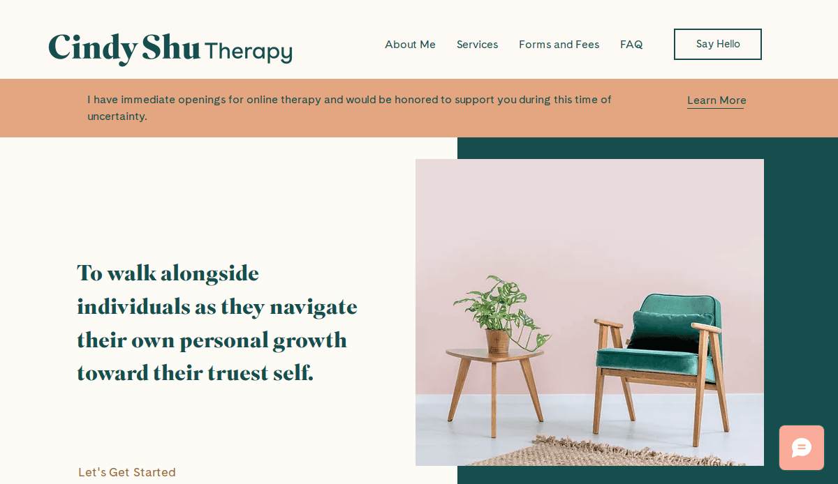 A website homepage for Cindy Shu Therapy, featuring a green chair, a small table with a potted plant, and text encouraging personal growth through therapy. The header includes navigation links and a button to say hello.