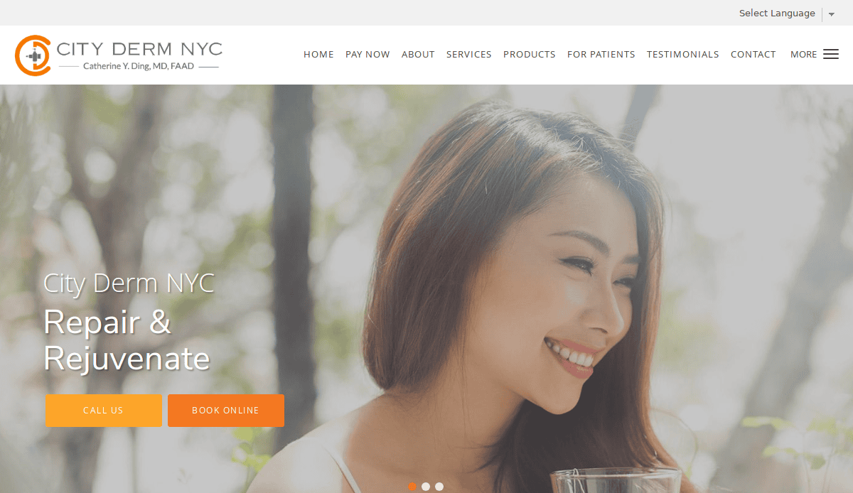 Screenshot of City Derm NYC website homepage featuring a smiling woman outdoors, with text promoting skin repair and rejuvenation. Orange buttons read Call Us and Book Online. Navigation bar is visible at the top.