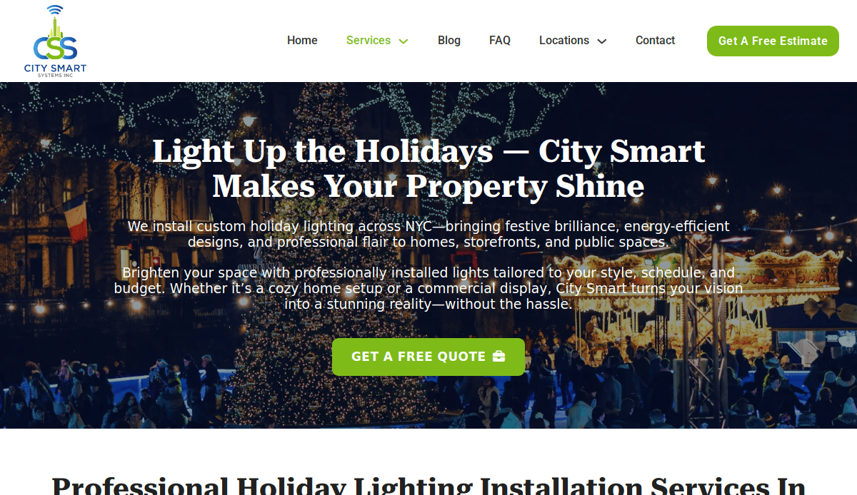 A website homepage for City Smart Lighting shows festive holiday lights on trees in a city square with people walking. Main text promotes holiday installation services and a green button offers a free estimate. Navigation menu is at the top.