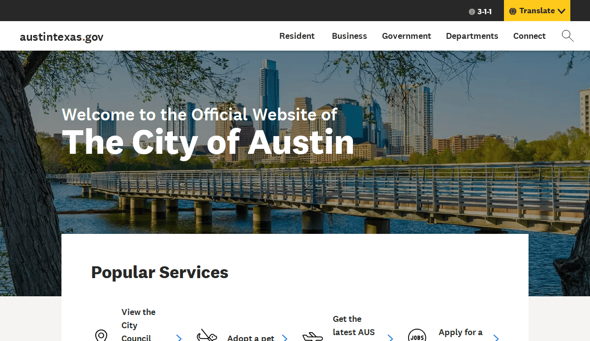 Screenshot of the City of Austin’s official website homepage, featuring a city skyline, a bridge over water, and navigation links for Resident, Business, Government, Departments, and popular services.