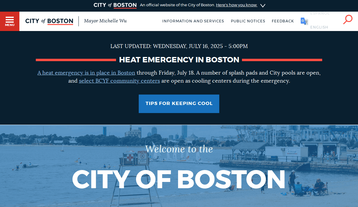 Screenshot of the City of Boston website showing a heat emergency alert for July 16, 2025, tips for keeping cool, and a waterfront cityscape with people by the water in the background.