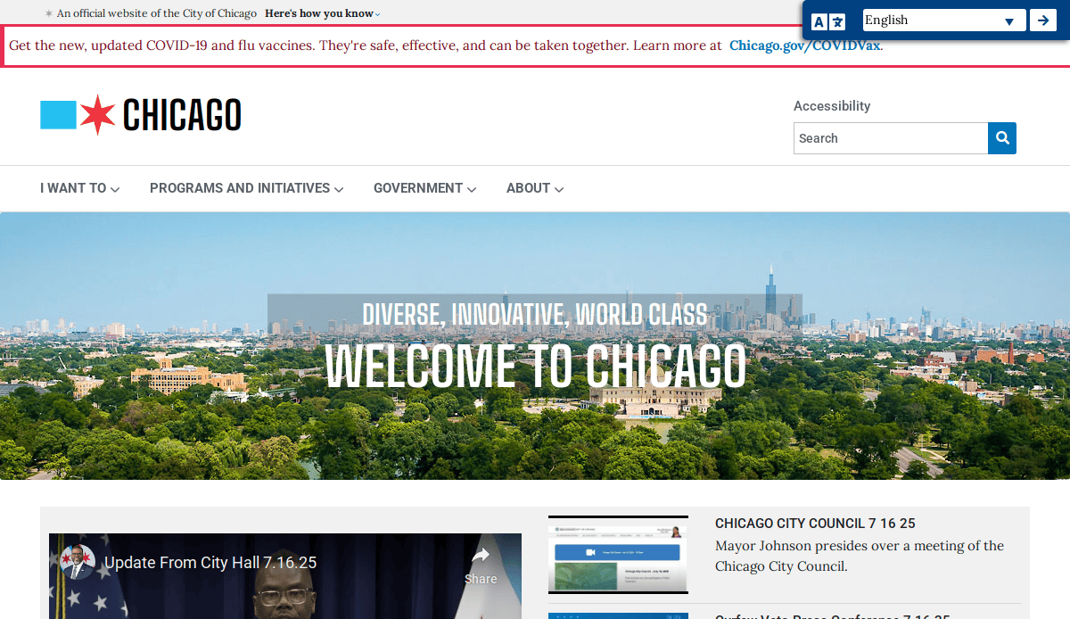 Screenshot of the City of Chicago website homepage, showing a banner about COVID-19 vaccines, language options, a search bar, and a large welcome image of the city skyline with the text WELCOME TO CHICAGO.