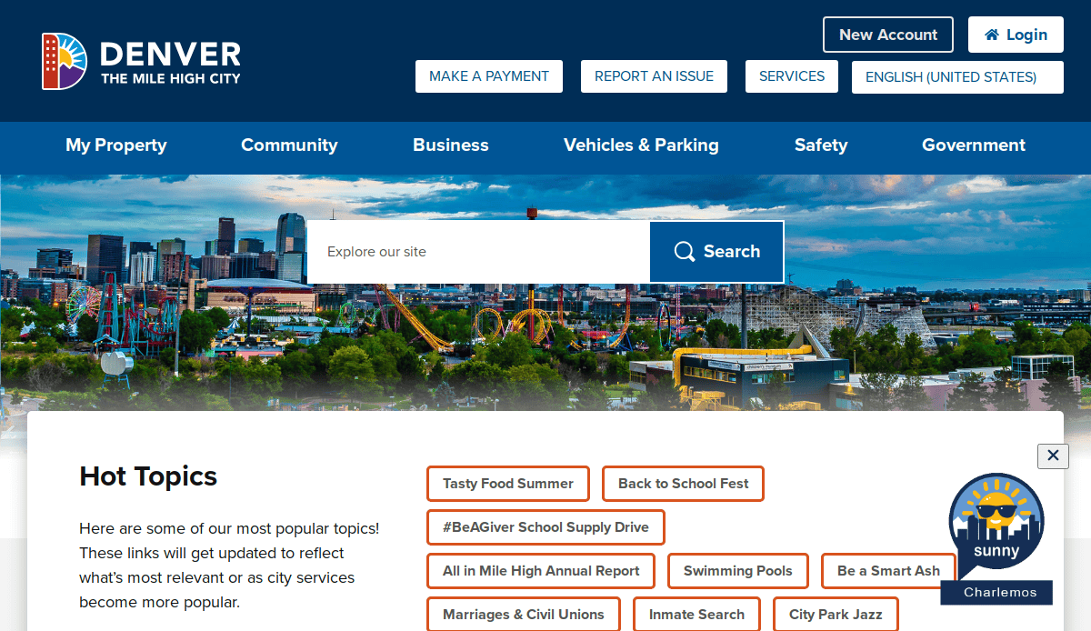 Screenshot of the official Denver city website homepage featuring a city skyline, navigation menus, a search bar, hot topics, and a weather widget showing sunny conditions and 86°F.