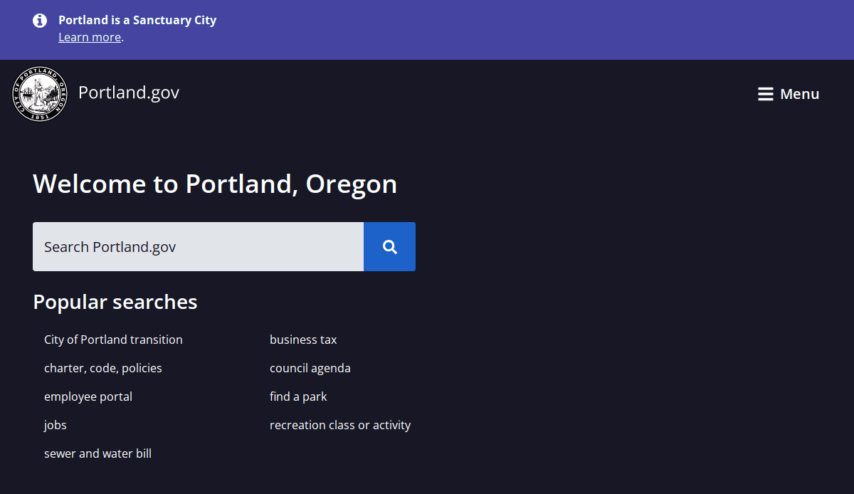 Screenshot of the Portland.gov homepage with a search bar, popular searches listed below, and a purple banner at the top stating Portland is a Sanctuary City. Learn more.