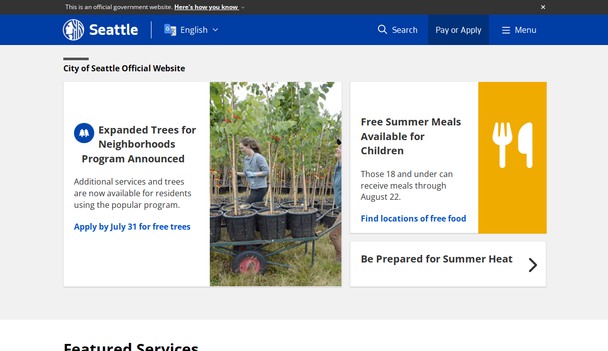 Screenshot of the City of Seattle official website showing announcements: expanded tree program with an image of potted trees, and free summer meals for children, with navigation menus visible at the top.