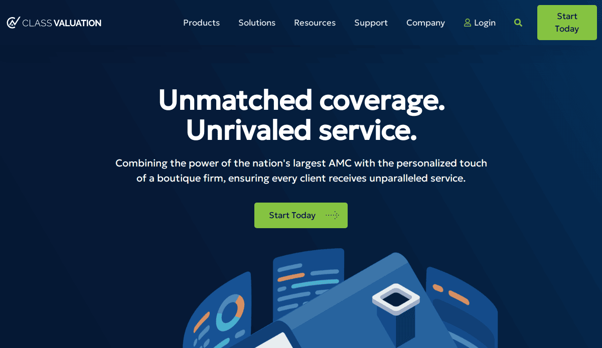 Screenshot of the Class Valuation website homepage highlighting their unmatched coverage and service, with navigation links at the top and a green Start Today button. Illustrated digital workspace graphic at the bottom.