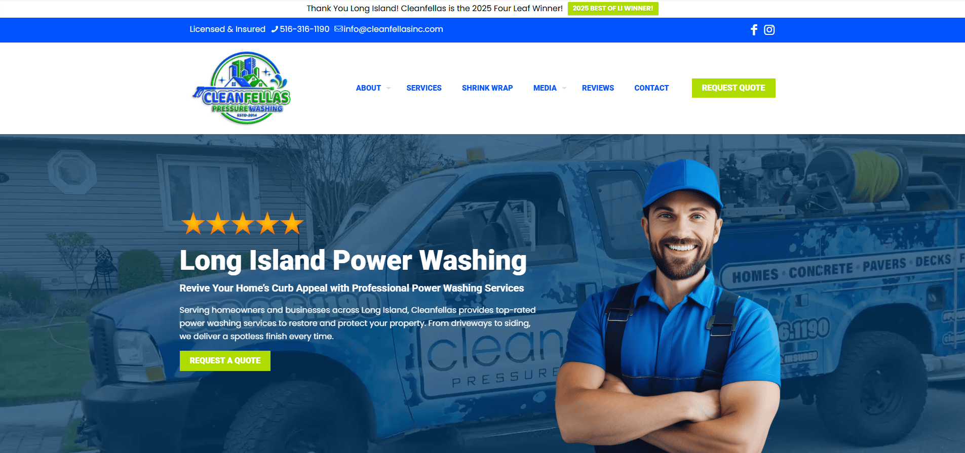 Homepage of Cleanfellas Long Island Power Washing, featuring a smiling man in a blue uniform and cap, a cleaning truck in the background, five stars, and prominent Request a Quote buttons.