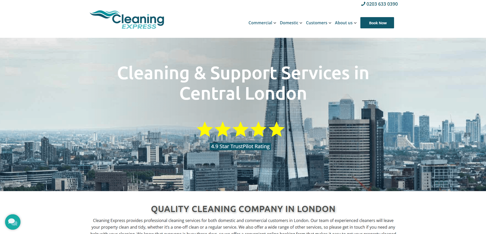 Website homepage for Cleaning Express, showing a cityscape of London with the Shard building, company logo, navigation menu, a five-star Trustpilot rating, and the headline: Cleaning & Support Services in Central London.