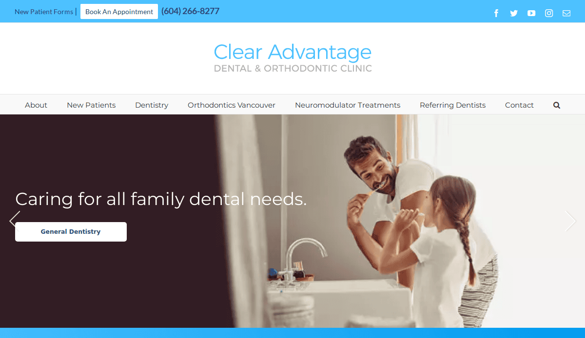 A man and a young girl smile while brushing their teeth together in a bright bathroom, featured on the Clear Advantage Dental & Orthodontic Clinic website. Text reads, Caring for all family dental needs.