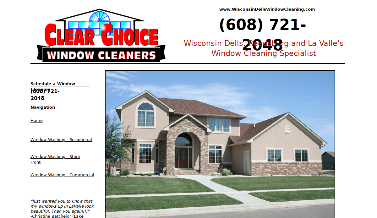 Screenshot of Clear Choice Window Cleaners website showing a large house with clean windows and the company name, contact number, and window cleaning service locations in Wisconsin Dells and La Valle.