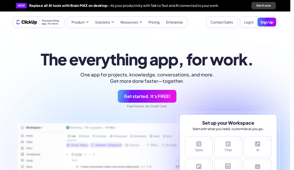 Screenshot of ClickUp’s homepage showing the headline “The everything app, for work.” with a bright Get started. Its FREE! button and a partial view of a workspace setup menu on the right side.