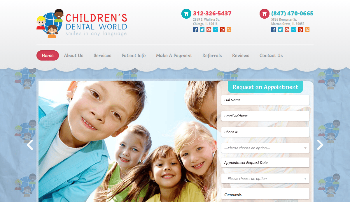 Screenshot of a children’s dental clinic website. The header features the logo, contact info, and navigation links. A large photo shows smiling children outside. An appointment request form appears on the right side of the page.