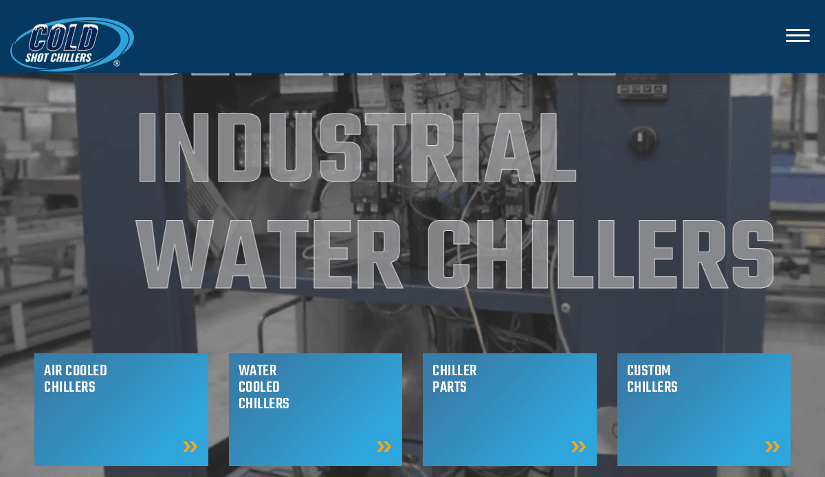 Homepage of a water chiller company website showing a faint image of industrial equipment with large text INDUSTRIAL WATER CHILLERS and four blue boxes labeled Air Cooled Chillers, Water Cooled Chillers, Chiller Parts, and Custom Chillers.