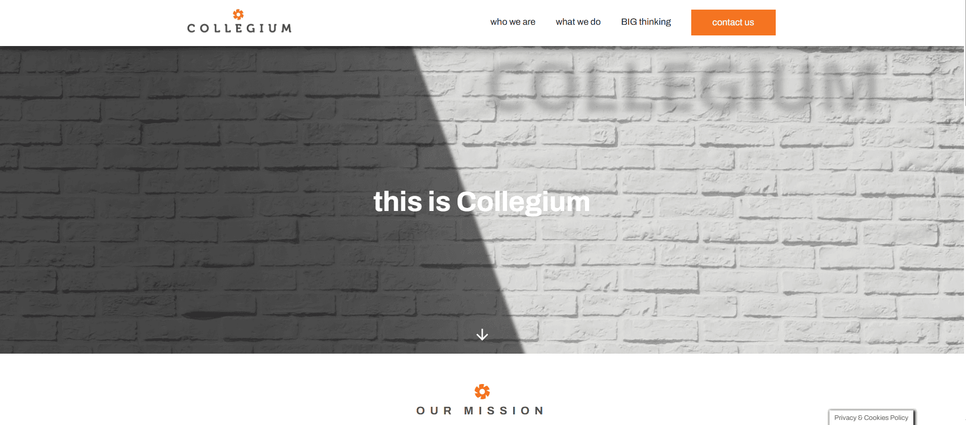 A white brick wall with sunlight casting a shadow of the word “Collegium.” Centered text reads “this is Collegium.” The website header includes navigation links and an orange “contact us” button.