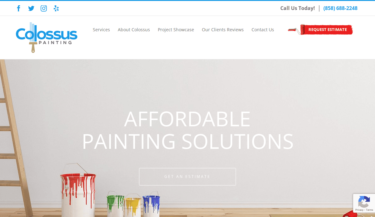 Website homepage for Colossus Painting, featuring a clean background with paint cans in red, green, yellow, and blue spilling paint, and the text “Affordable Painting Solutions” with a “Get an Estimate” button.