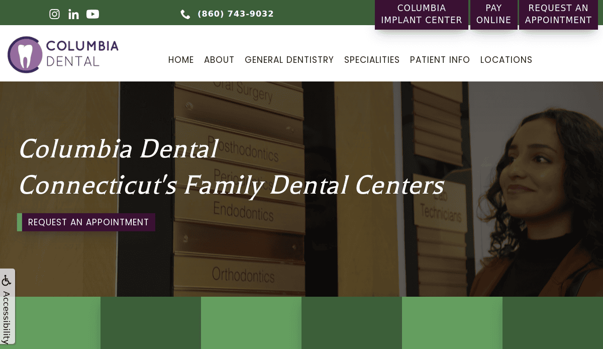 Screenshot of the Columbia Dental website homepage showing a woman smiling near clinic signboards. The site header includes contact info and options to request an appointment or pay online.