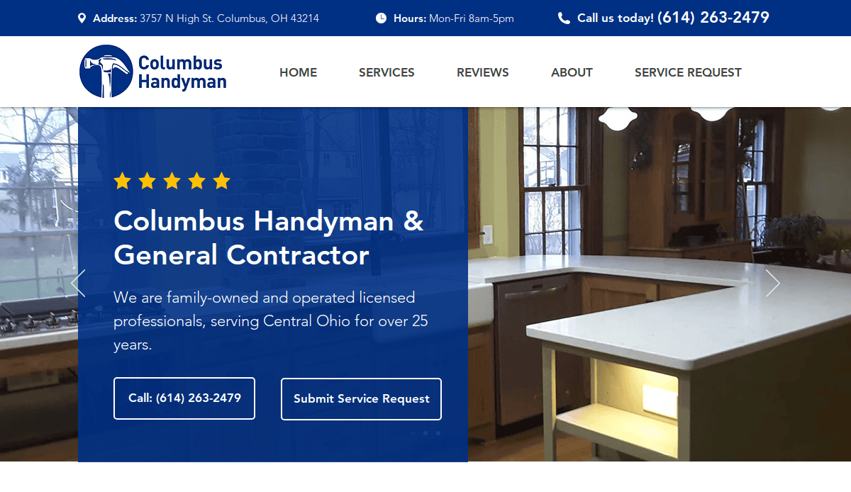 Screenshot of Columbus Handyman’s website homepage, showing a kitchen with white countertops and wood cabinets. The site features a call-to-action, service buttons, contact info, hours, and navigation menu at the top.