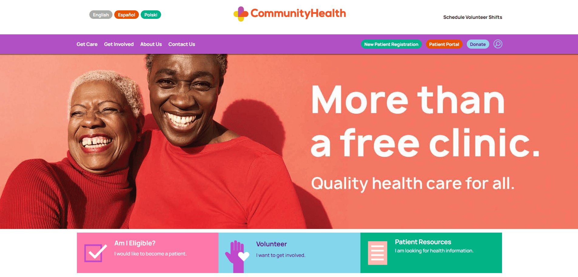 Two smiling women, one older and one younger, stand close together in front of a pink background. The text reads: More than a free clinic. Quality health care for all. The CommunityHealth website menu is visible above.