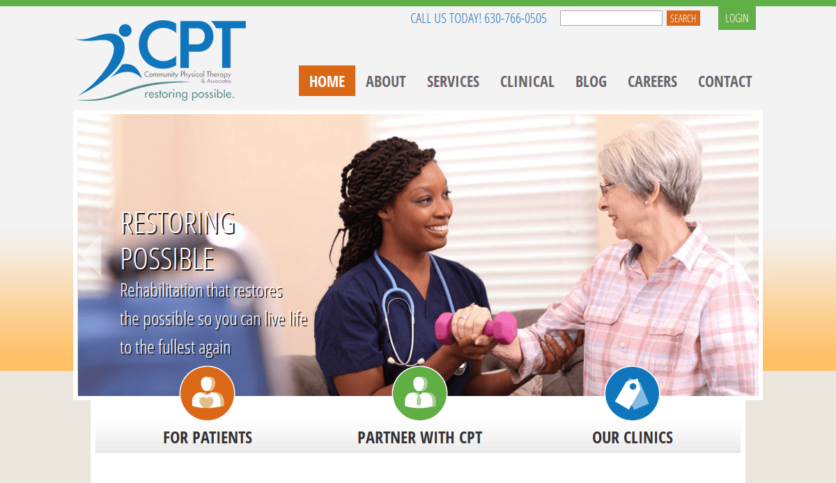 Screenshot of a physical therapy website showing a nurse helping an older woman with a pink dumbbell. The menu includes Home, About, Services, Clinical, Blog, Careers, and Contact. The CPT logo and phone number are at the top.