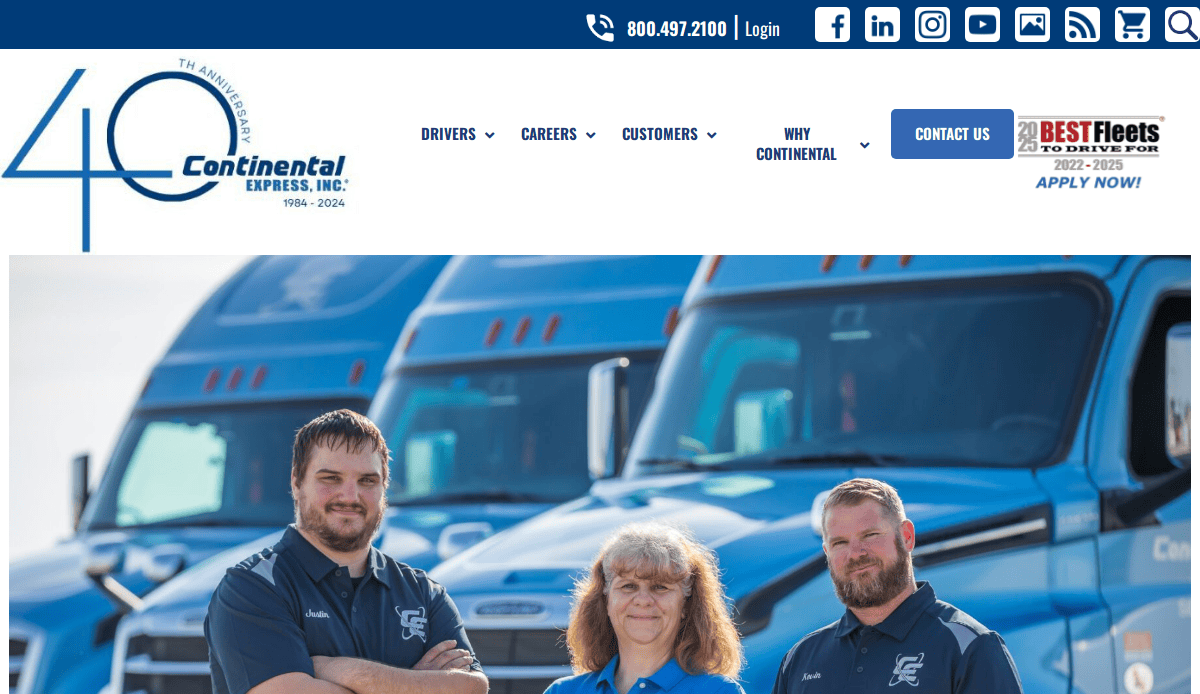 Three Continental Express employees in uniform stand and smile in front of blue company semi-trucks. The company logo and contact details appear at the top of the image.