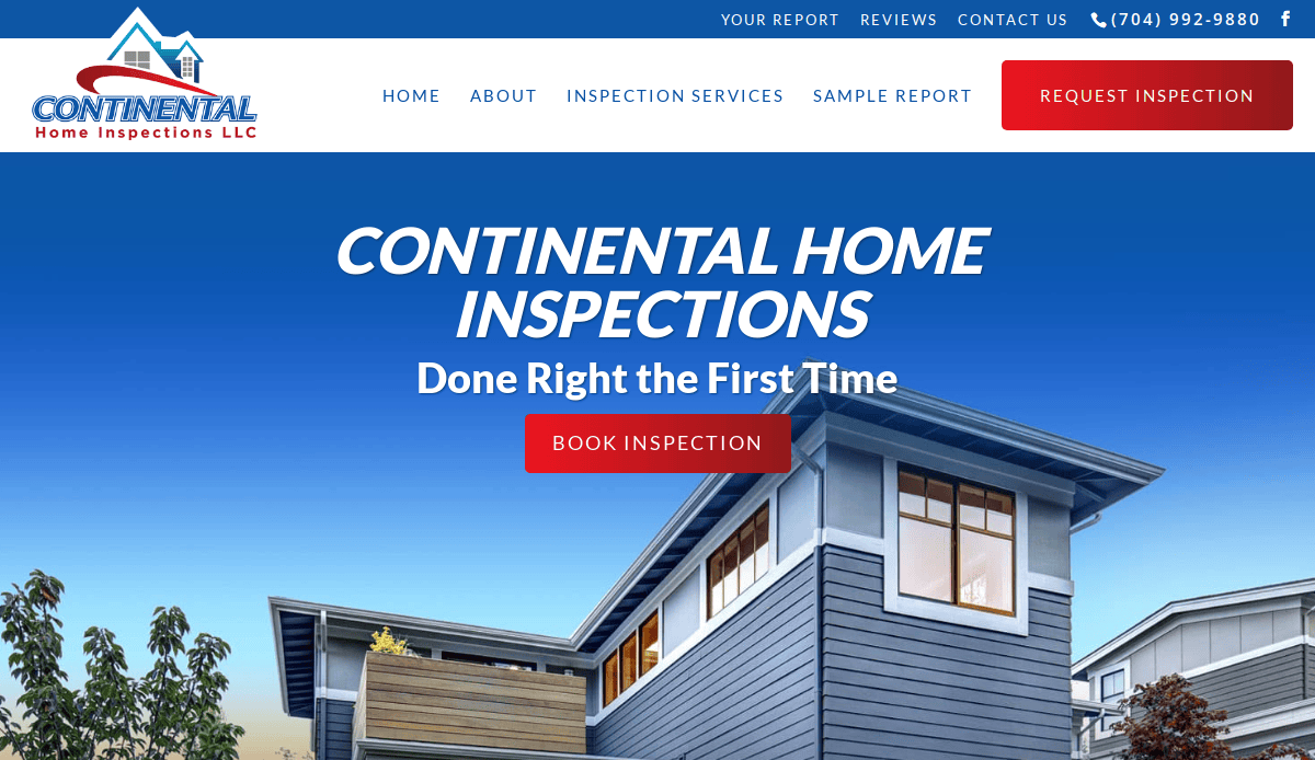 Screenshot of the Continental Home Inspections LLC website, featuring a modern home exterior, company logo, navigation menu, contact info, and two red buttons for booking or requesting a home inspection.