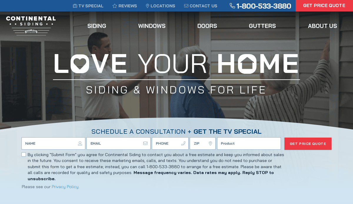 A website landing page for Continental Siding featuring the slogan LOVE YOUR HOME: SIDING & WINDOWS FOR LIFE with a background image of people examining house siding. A consultation form and phone number are displayed prominently.