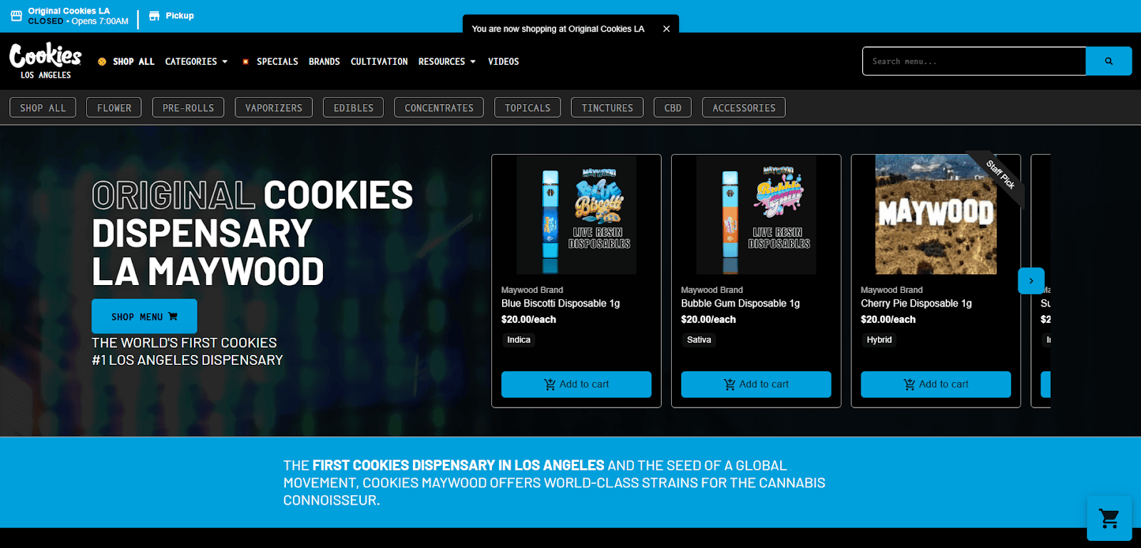 Screenshot of the Cookies LA website showing a menu with cannabis vape products, prices, and “Add to Cart” buttons. The site highlights its status as the first Cookies dispensary in Los Angeles.