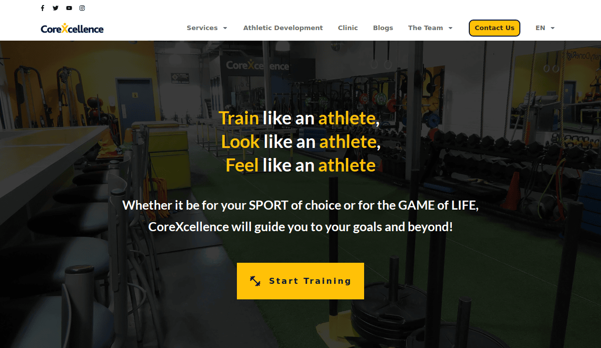A gym interior with weight racks, sleds, and benches. Bold yellow and white text reads: Train like an athlete, Look like an athlete, Feel like an athlete, promoting athletic development at CoreXcellence.