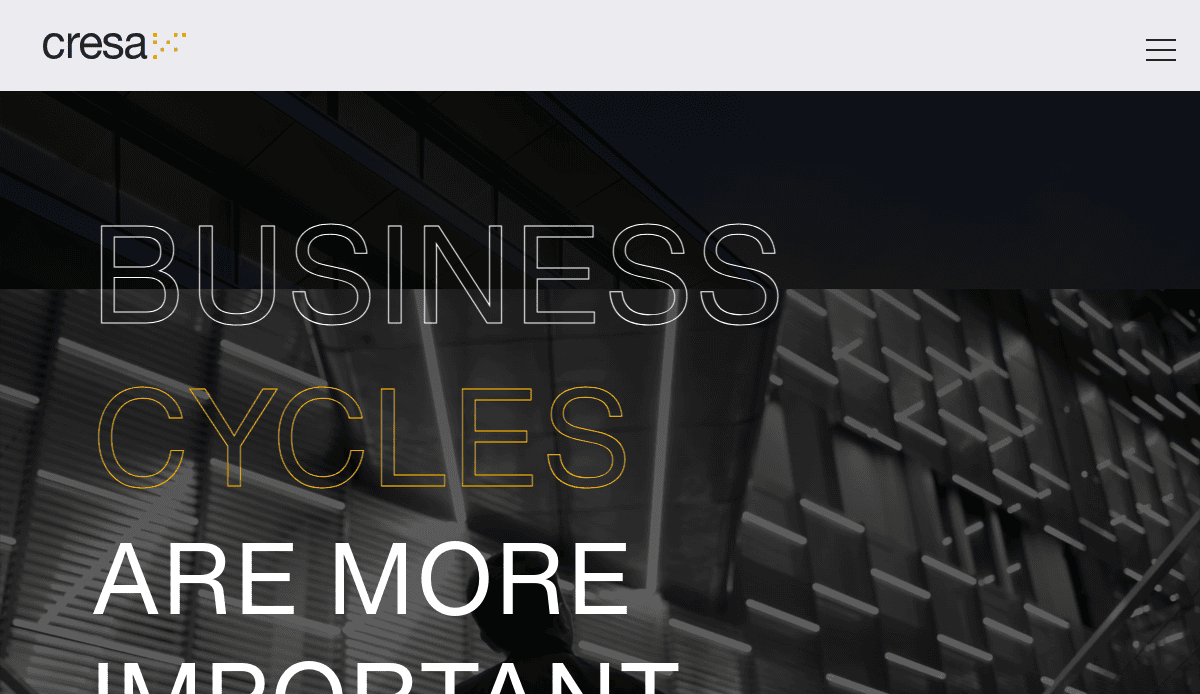 The image shows a website header with the cresa logo at the top left and a menu icon at the top right. The main text says BUSINESS CYCLES ARE MORE IMPORTANT over a modern building background.