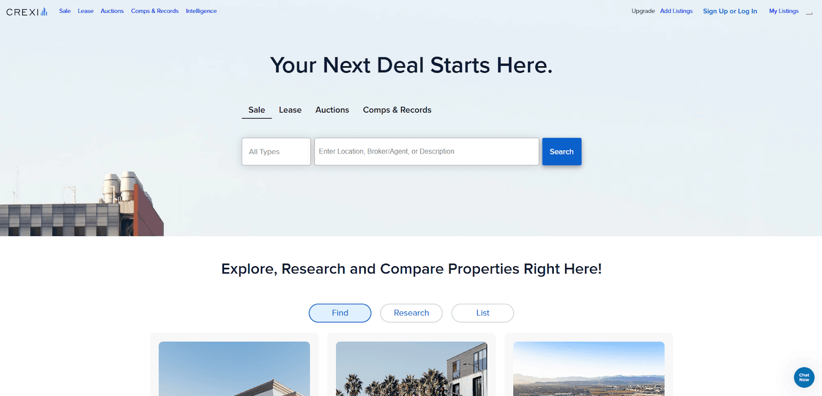 Screenshot of a real estate website homepage with a search bar for properties under Sale, Lease, Auctions, and Comps & Records. The header reads “Your Next Deal Starts Here.”.