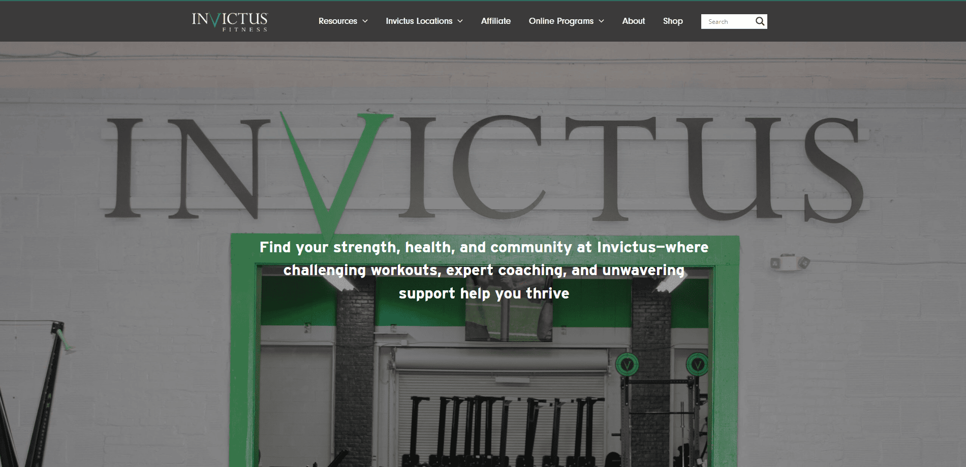 Screenshot of the Invictus Fitness website homepage, displaying the Invictus logo, navigation menu, and a message promoting strength, health, community, coaching, and support for thriving.