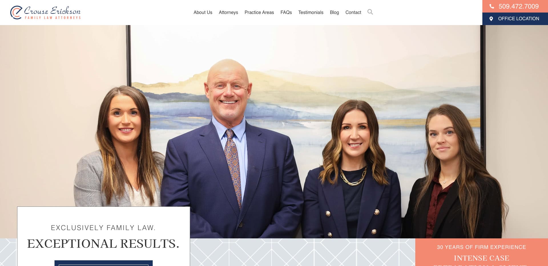 Four people, three women and one man in suits, stand smiling in front of a landscape painting in a law office. The website header includes a firm logo, menu, and a contact number in the top right corner.