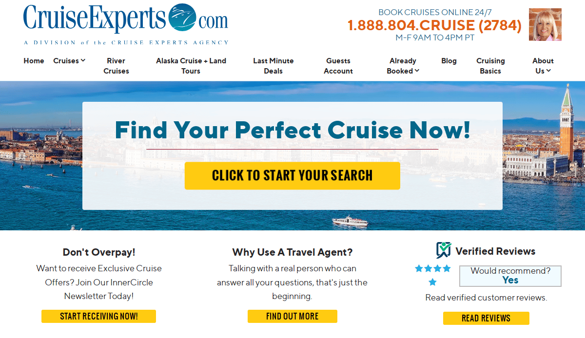 Screenshot of the CruiseExperts.com homepage featuring a large Find Your Perfect Cruise Now! banner, a search button, a scenic coastal city background, and navigation links for cruise options, guest accounts, and reviews.