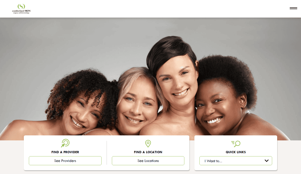 Four diverse women with bare shoulders smile closely together against a neutral background. Below them are website navigation buttons for finding a provider, finding a location, and accessing quick links.