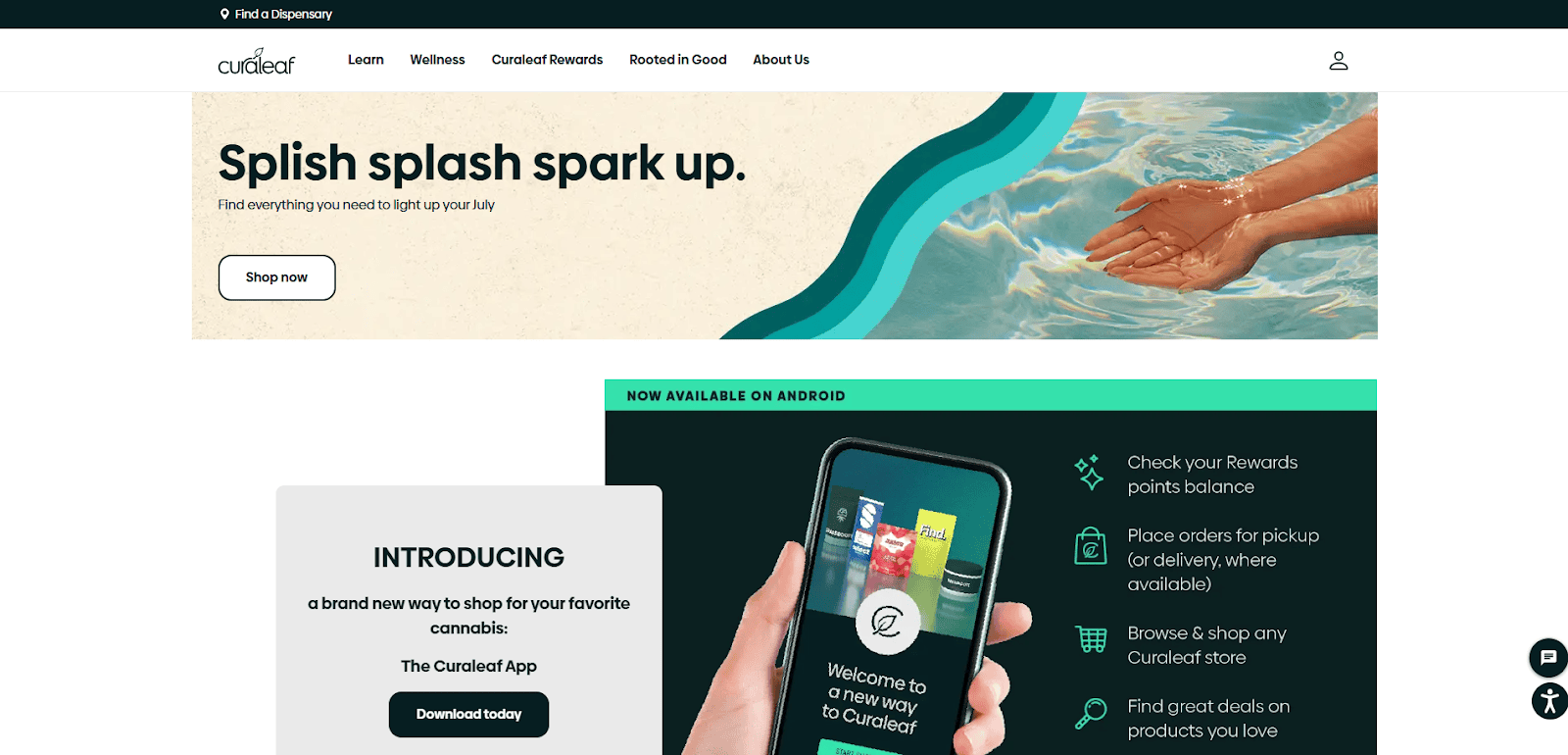 Screenshot of Curaleaf’s website homepage featuring a banner with hands splashing water, the text “Splish splash spark up,” a promotion for their new Android app, and navigation links at the top.