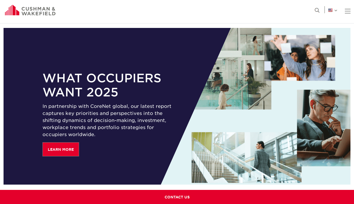 A website banner for Cushman & Wakefield’s What Occupiers Want 2025 report, featuring business people in various office settings and a prominent call-to-action button labeled LEARN MORE.