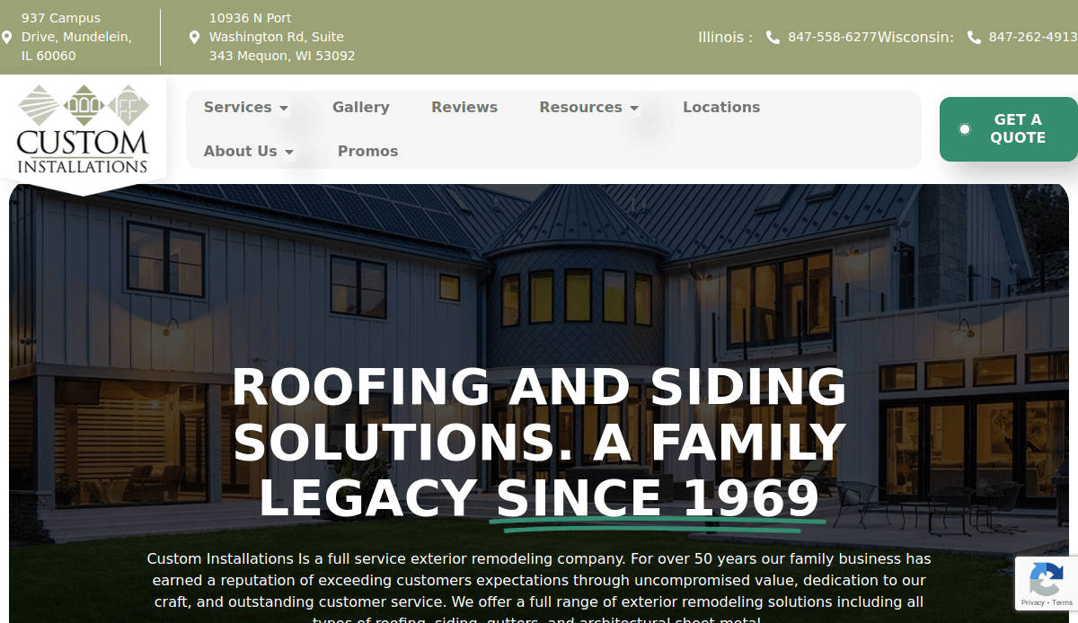 Screenshot of the Custom Installations website, showing their logo, contact info, navigation menu, and a headline that reads Roofing and Siding Solutions. A Family Legacy Since 1969 over an image of a modern house.
