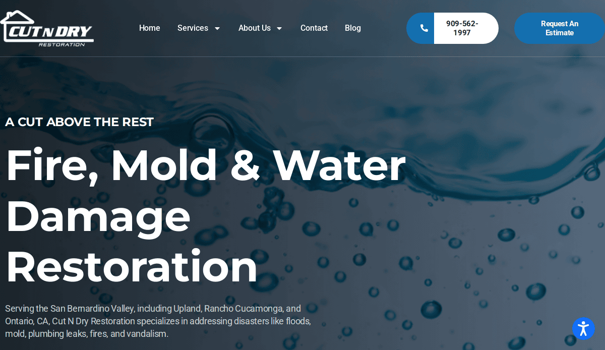 Website homepage for Cut N Dry Restoration, advertising fire, mold, and water damage restoration services with contact info and a background image of water droplets.