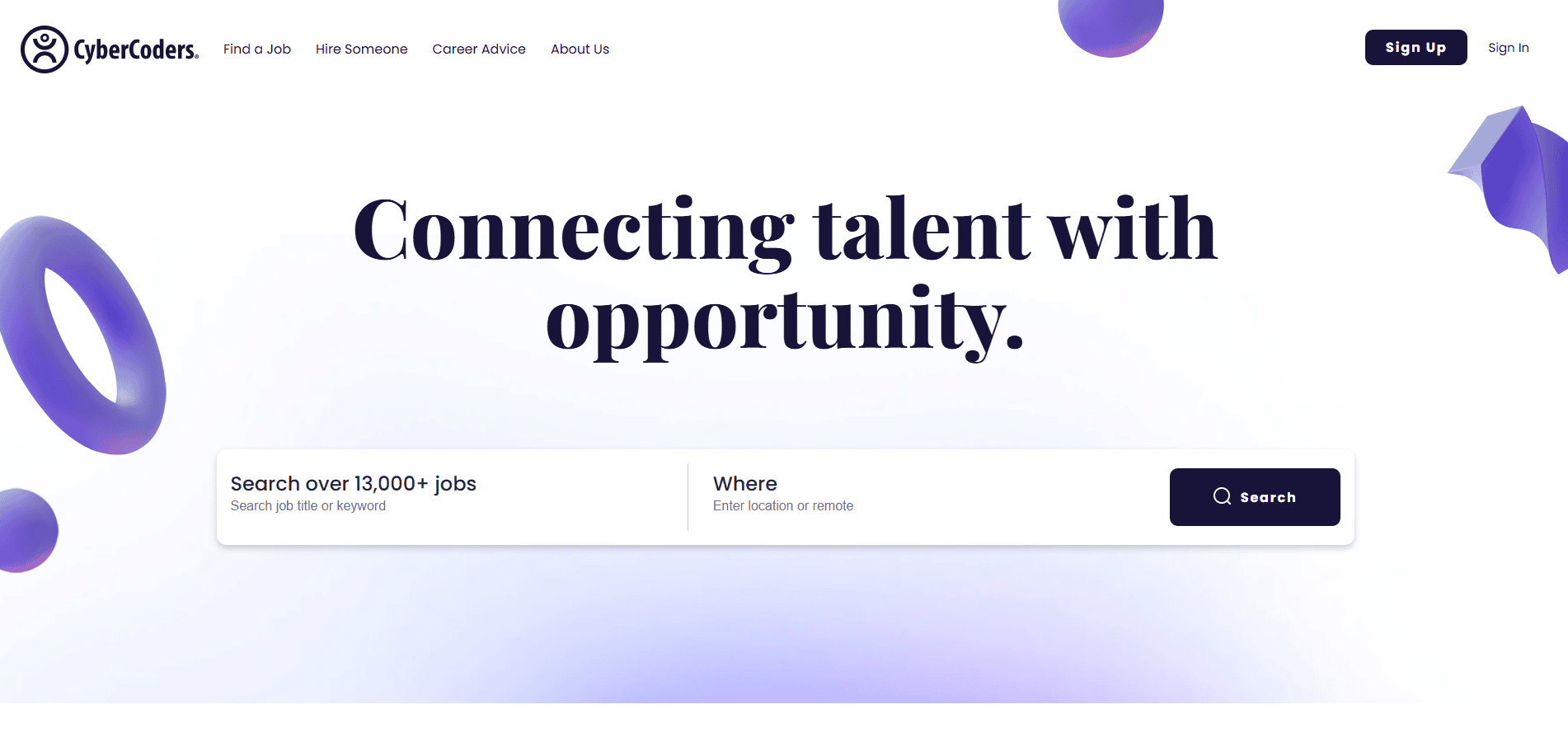 CyberCoders website homepage with the text “Connecting talent with opportunity.” A search bar allows users to look for jobs by title or keyword and location. The design features purple abstract shapes and white background.