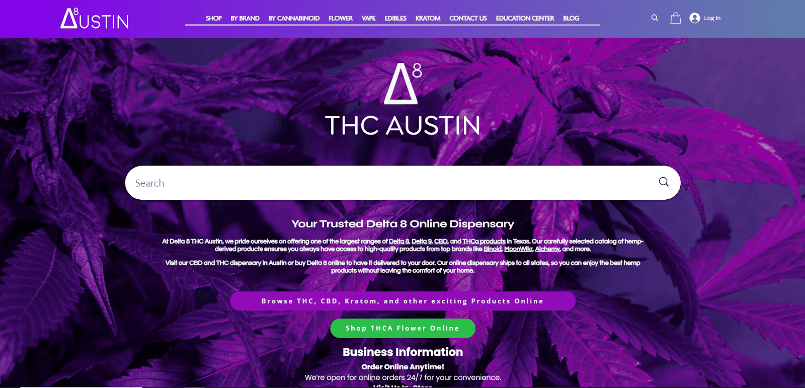 Screenshot of the THC Austin website homepage, featuring a purple background with cannabis leaves, a search bar, navigation menu, and text promoting their Delta 8 online dispensary.
