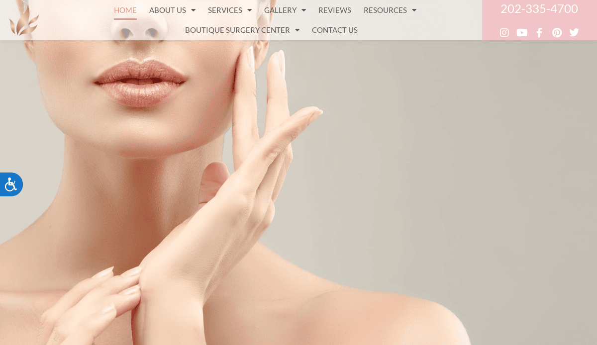 A close-up of a woman gently touching her face with her hands, showing smooth, clear skin, light pink lips, and a neutral background. Website navigation and contact info are visible at the top.