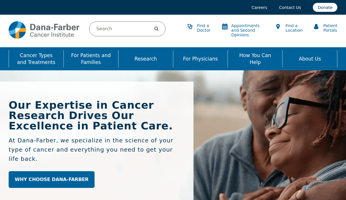 Screenshot of the Dana-Farber Cancer Institute website homepage, featuring menu options, a headline about cancer research excellence, and a smiling couple embracing on the right side.